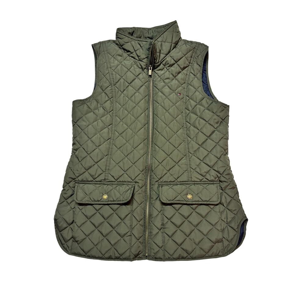 Tommy Hilfiger Womens L Olive Green Diamond Quilted Vest Equestrian Preppy Barn